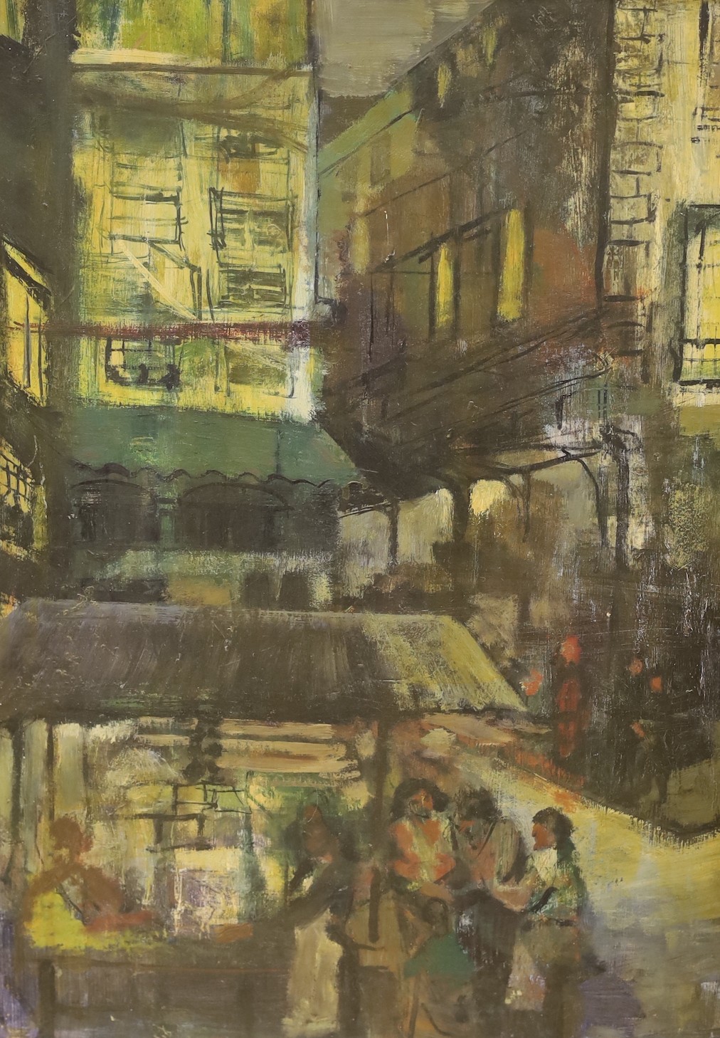 John Taylor (20th century British), oil on board, Street market, titled label verso, dated 1958, 58 x 41cms and another by the artist - Barbershop interior, oil on board, 30 x 20cms. (2)